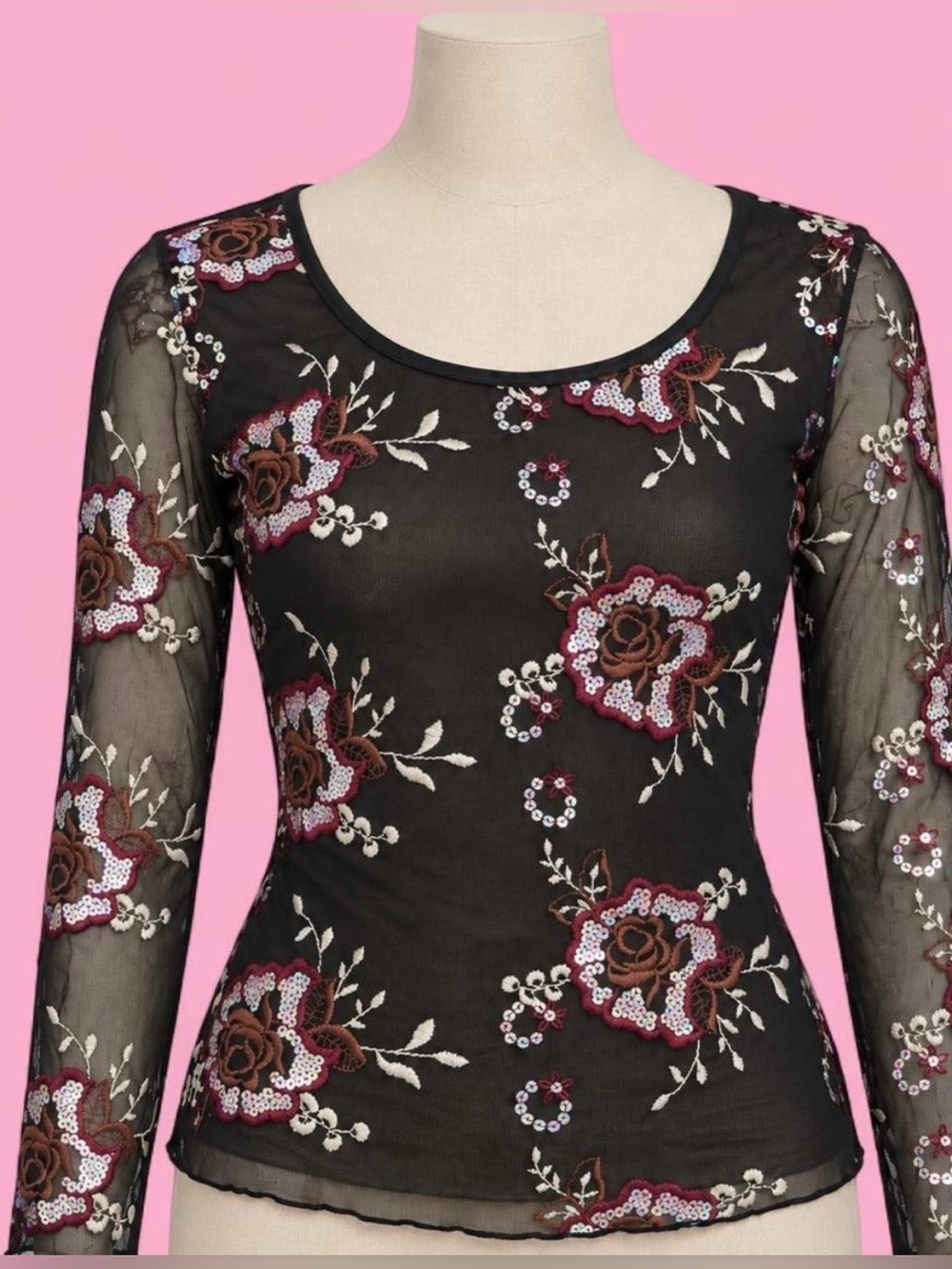 Vintage 90s Wrapper Floral Sequin Mesh Long Sleeve Top Small